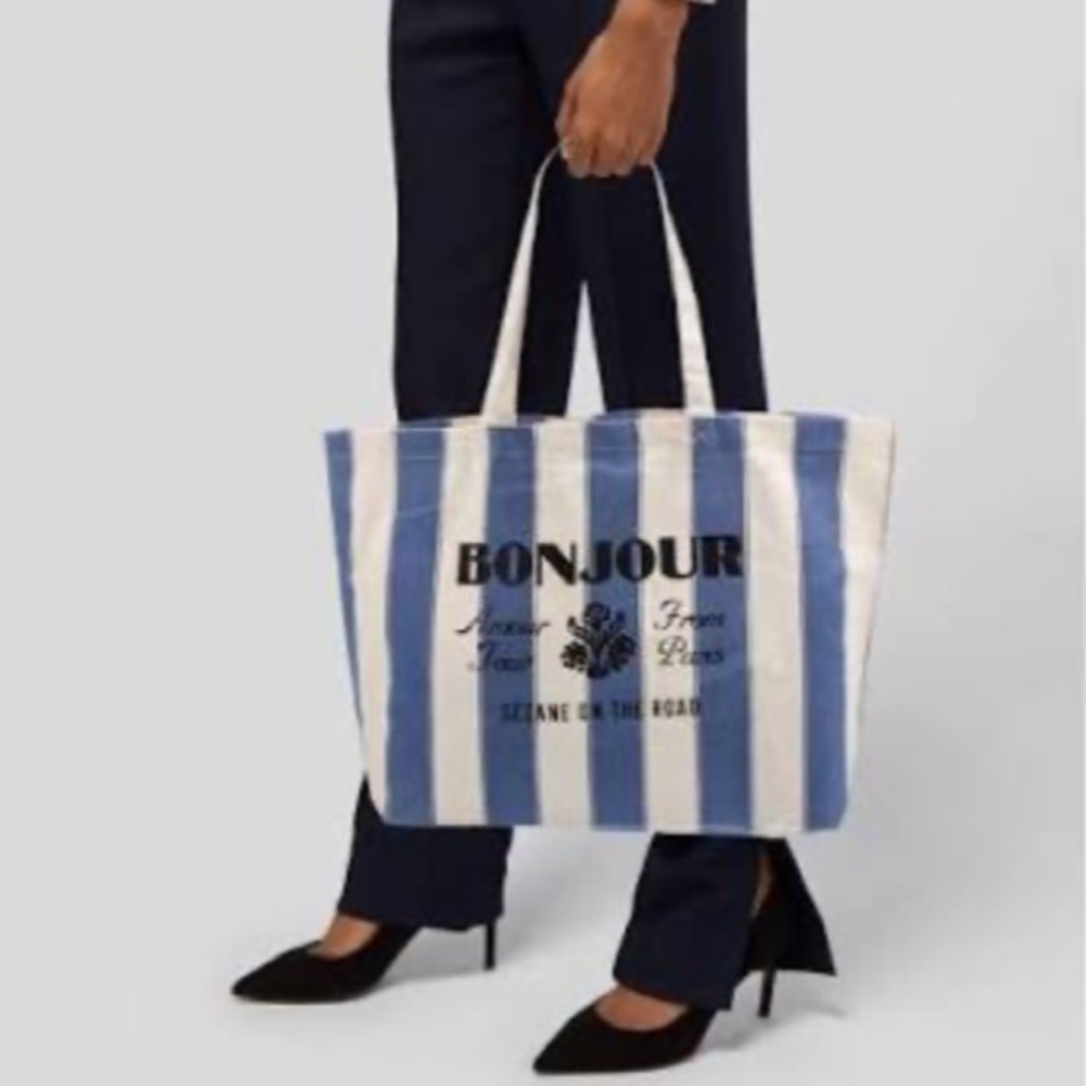 Nwot! Sezane on the road bonjour blue white striped canvas tote bag